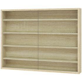 5-Tier Display Cabinet, Wall-Mounted Display Case with 2 Glass Doors and Adjustable Shelves, Oak