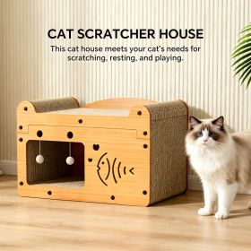 Cat Scratcher House with Bed and 2 Hanging Ball Toys, Wooden Cat Cave with Corrugated Scratching Board (Color: C-SFPPY56)